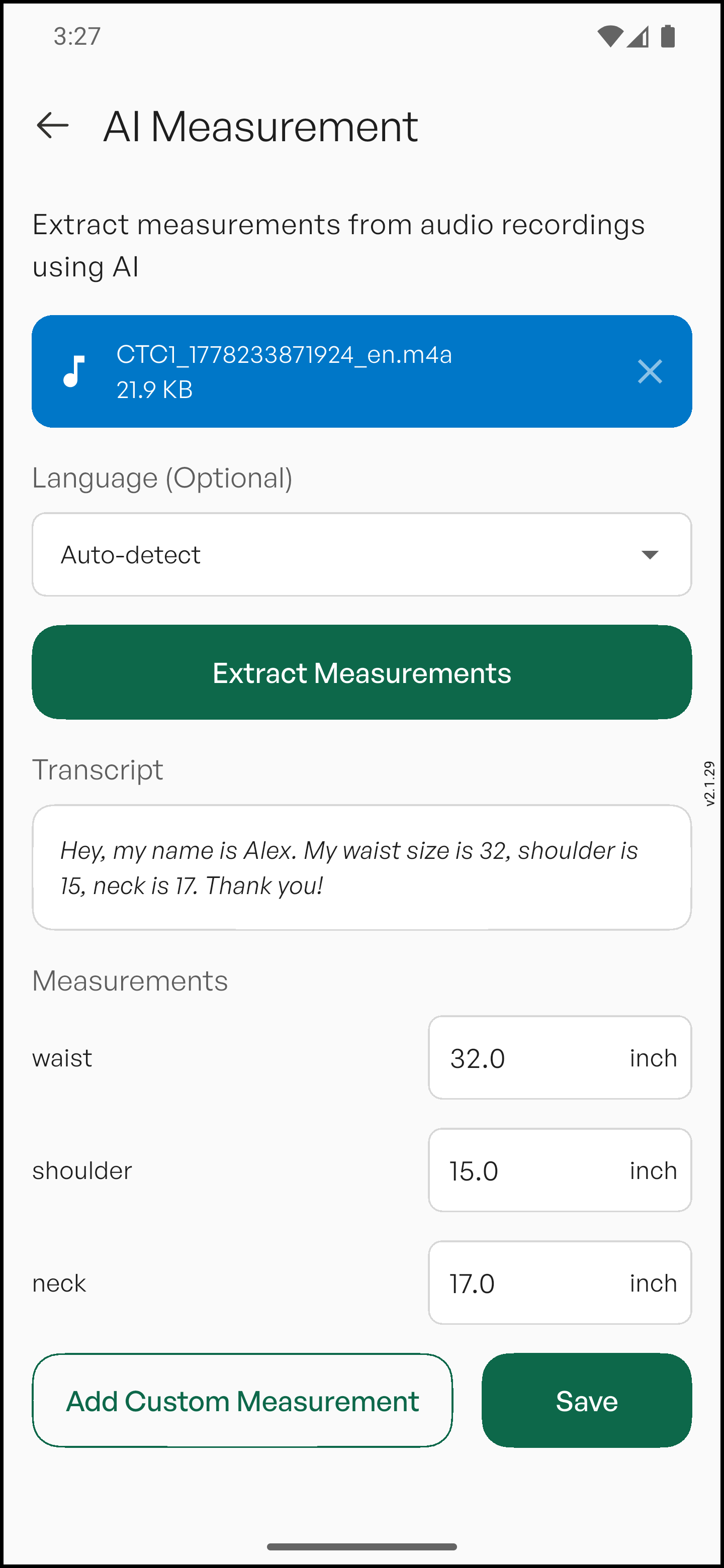 GrowStitch AI Measurement screen showing audio file upload, Extract Measurements button, and auto-filled body measurements: waist 32 inch, shoulder 15 inch, neck 17 inch