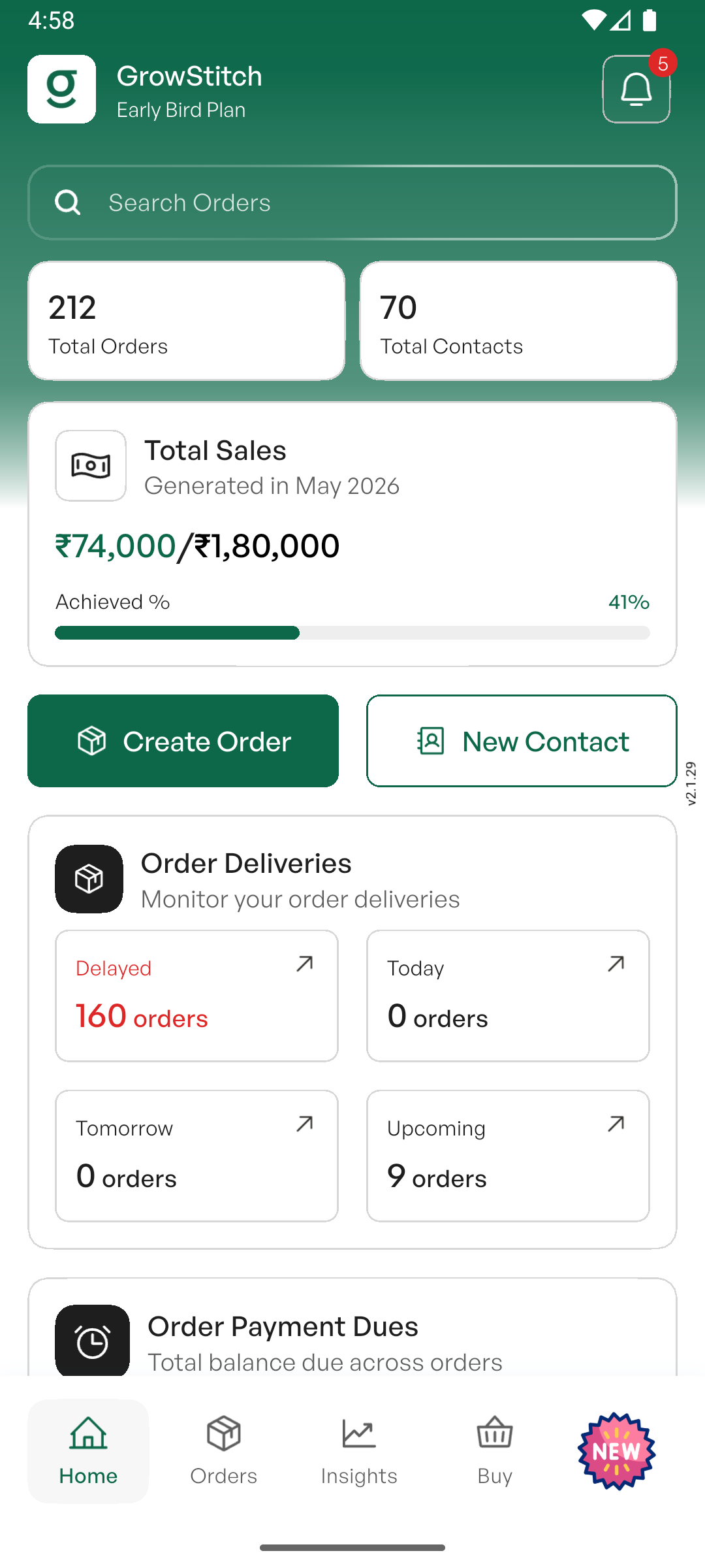 GrowStitch app home screen showing total orders, contacts, monthly sales progress, Create Order button, and order delivery tracker