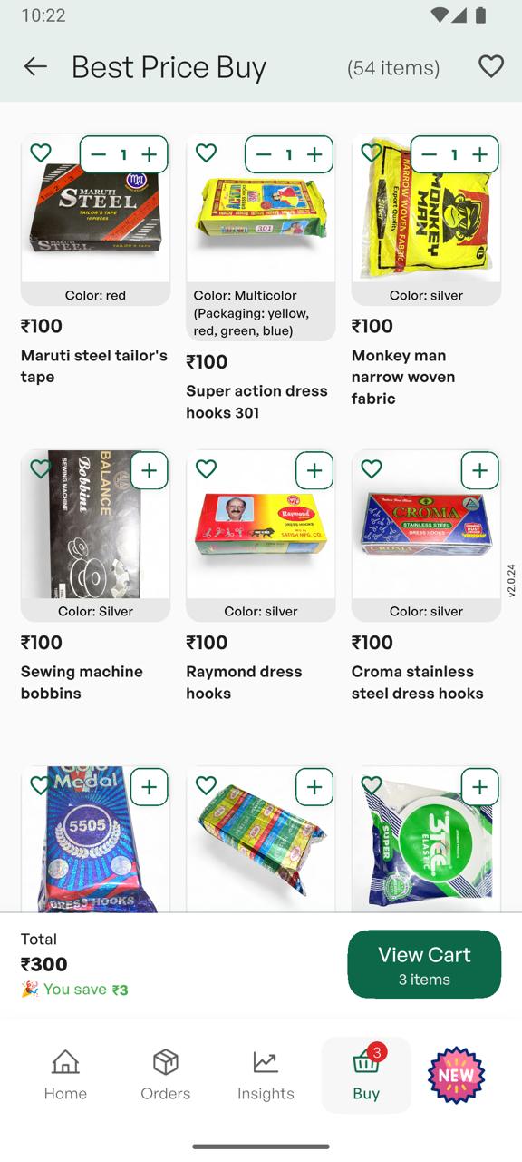 GrowStitch marketplace Best Price Buy screen showing tailoring supplies including steel tape, dress hooks, bobbins, and fabrics at ₹100 each with View Cart showing 3 items